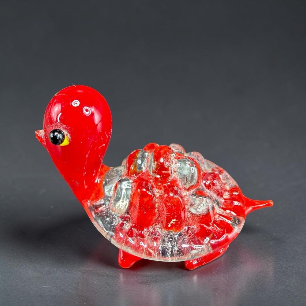 Italian Glass Miniature Hand Blown Glass Turtle Figurine Red Clear Animal Tiny